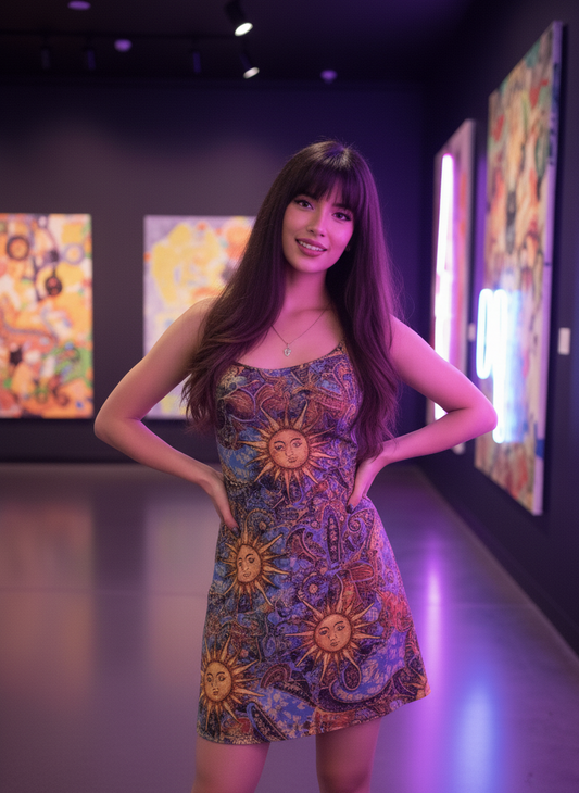 Vestido de tirantes vintage retro con estampado de cara de sol para mujer