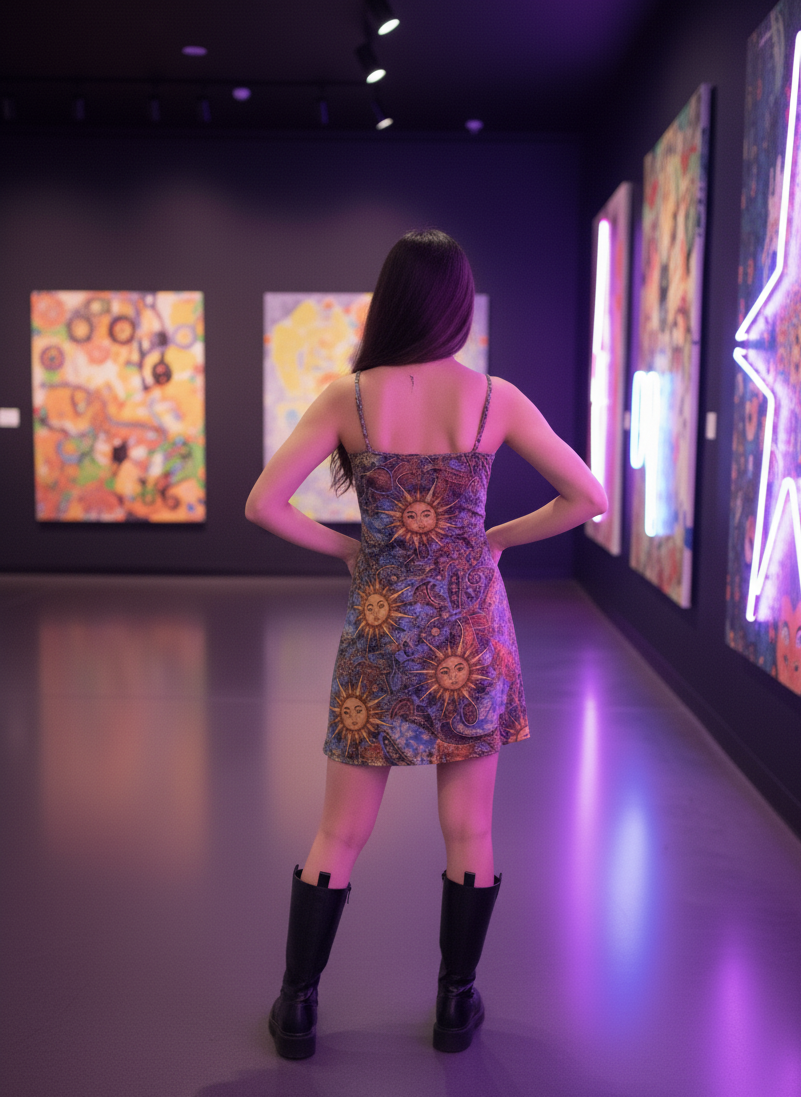 Vestido de tirantes vintage retro con estampado de cara de sol para mujer