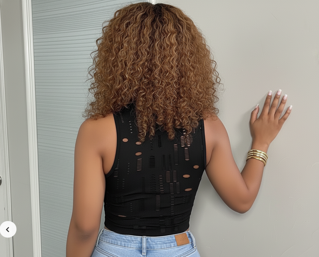 Talla L; Top sin mangas de malla versátil,perfecto para el verano y la playa