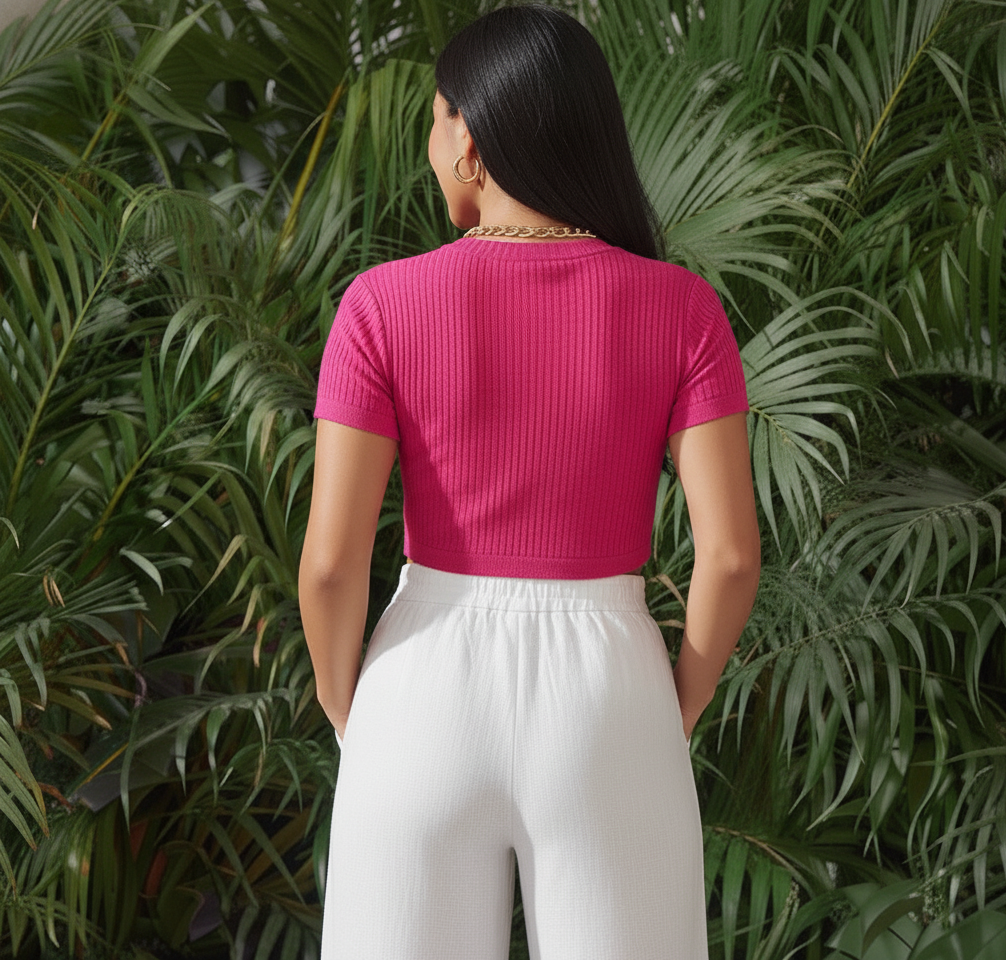 Talla XS; Camiseta corta de cuello redondo de manga corta de textura a rayas rojo rosa de punto.