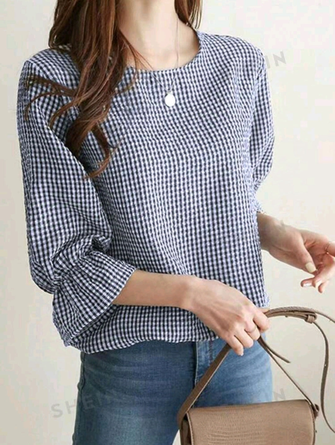 Camisa Casual De Verano Con Cuello Redondo Y Patrón A Cuadros