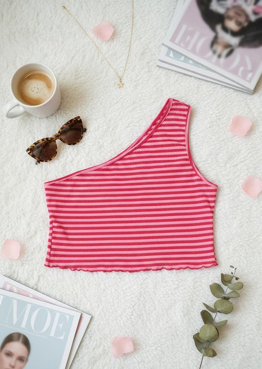 Talla L; Top ajustado de hombro asimétrico de punto a rayas